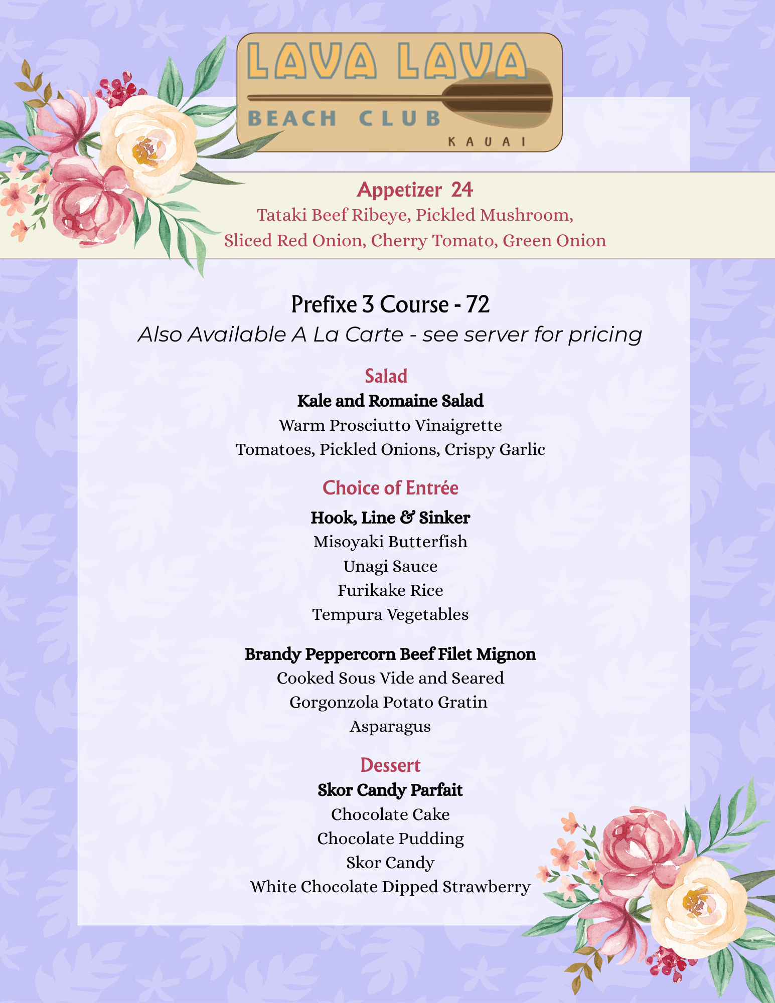 lavalava beachclub - kauai mother's day menu